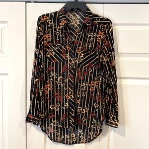 Hi-low button down striped floral shirt with side slit, size S